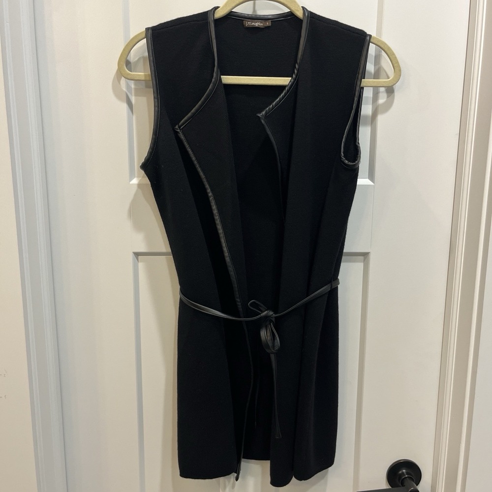 J. McLaughlin Longline Merino Wool Vest Leather Tied Trim Black Classic Size S